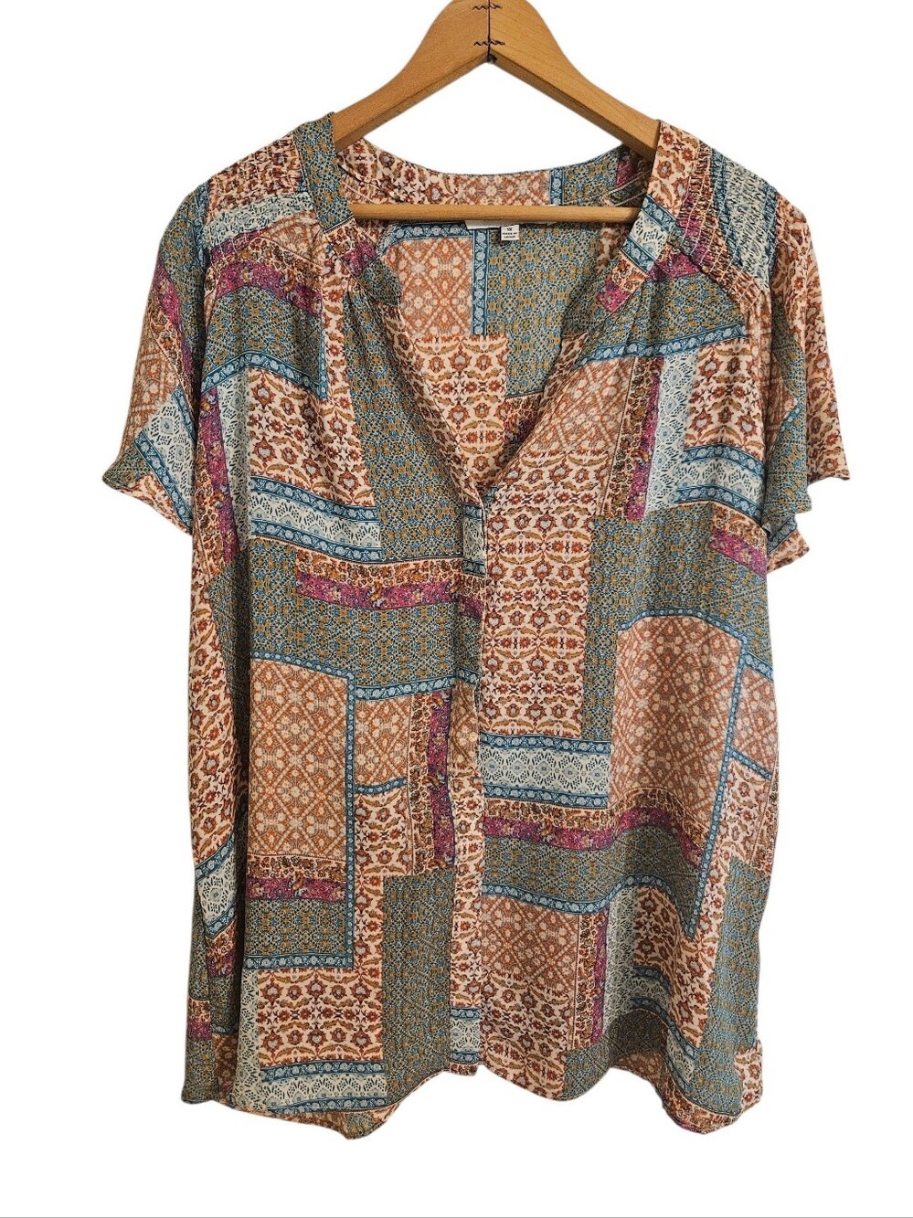 Rose & Olive Patchwork Print V-Neck Short Sleeve Top Sz 1X
